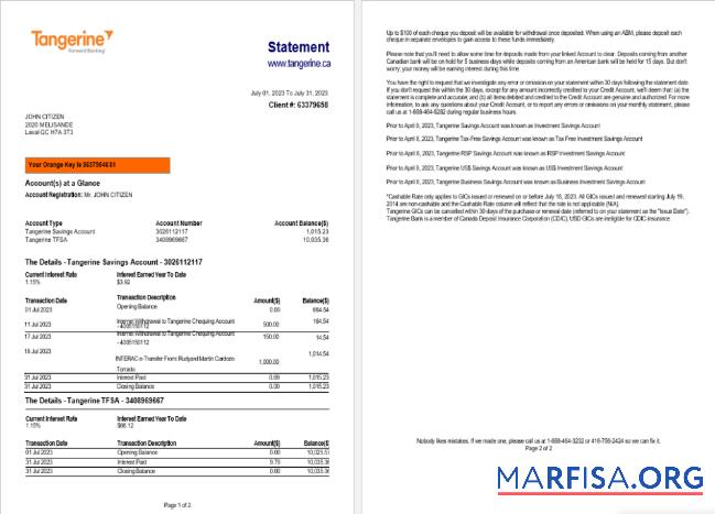 Blank Canada Tangerine bank statement word real example